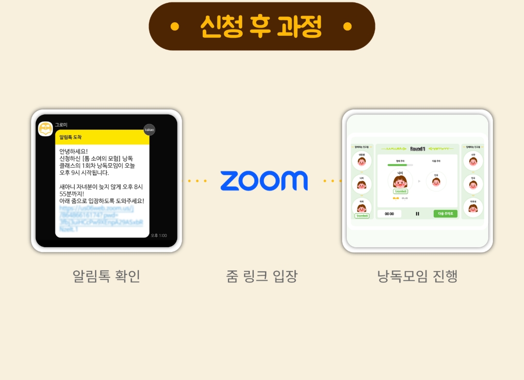 신청 수 과정 - 오픈채팅방 초대, 줌 링크 공유, 낭독모임 진행
