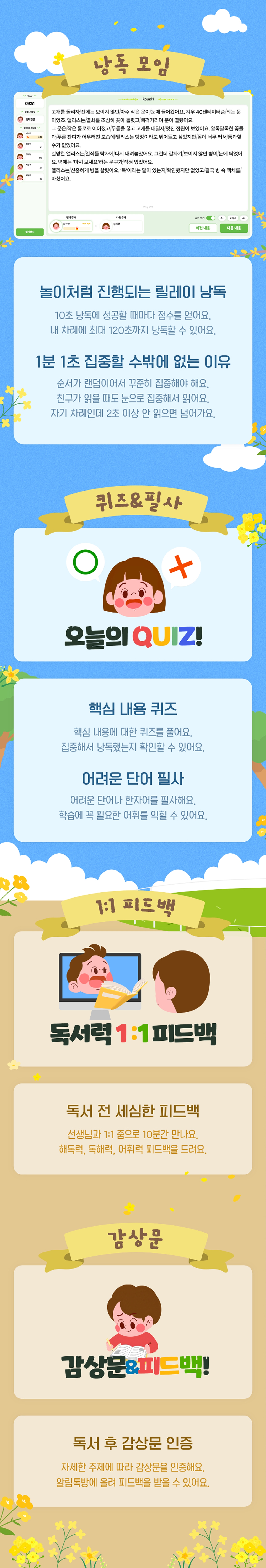 낭독모임 진행 방식 - 1.낭독모임 참여/2.퀴즈&필사/3.1:1 피드백/4.감상문 작성&피드백