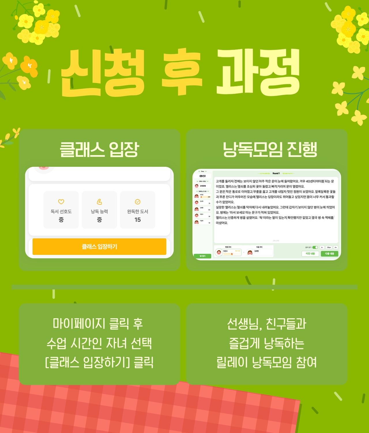 신청 후 과정 - 1.클래스입장/2.낭독모임 진행