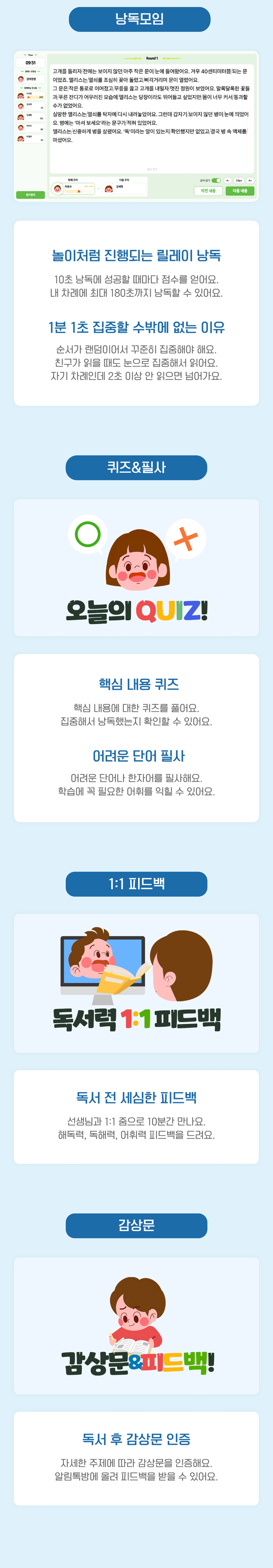 낭독모임 진행 방식 - 1.낭독모임 참여/2.퀴즈&필사/3.1:1 피드백/4.감상문 작성&피드백