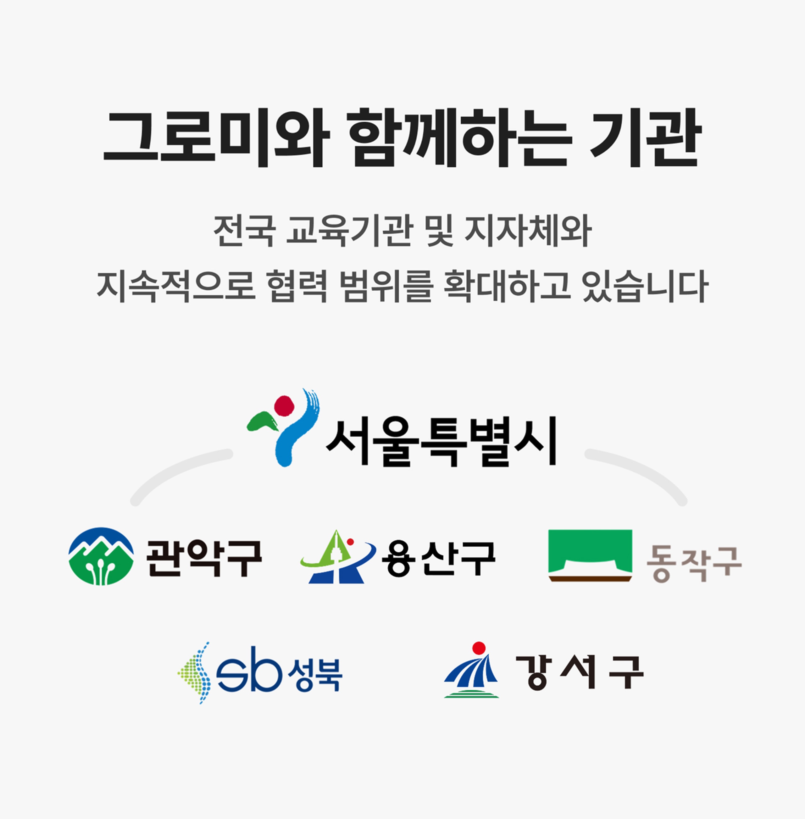 그로미와 함께하는 기관: 서울특별시, 관악구, 용산구, 동작구, 성북구, 강서구 등 전국 교육기관 및 지자체와 협력