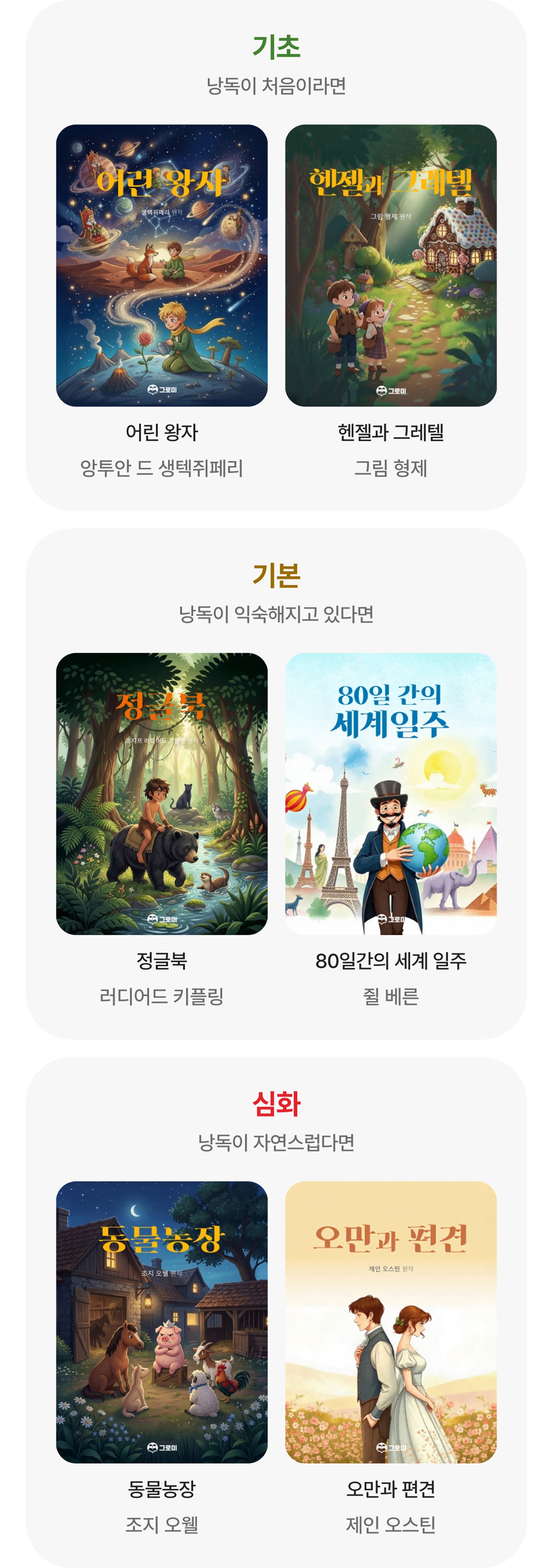 국어 낭독 도서 목록: 기초 어린 왕자·헨젤과 그레텔, 기본 정글북·80일간의 세계 일주, 심화 동물농장·오만과 편견